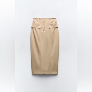 Zara Topstitched Midi Pencil Elegant Tan Women's Skirt